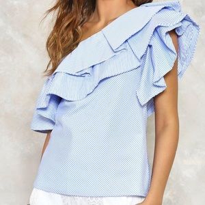NWT Blue & White Asymmetrical Shoulder Top M
